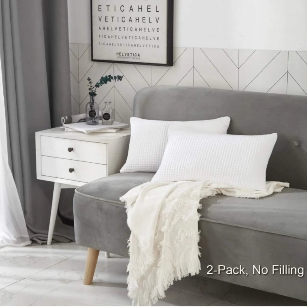 Luxury Home | Coastal Chic Bright White Waffle Knit Lumbar Throw Pillow Covers